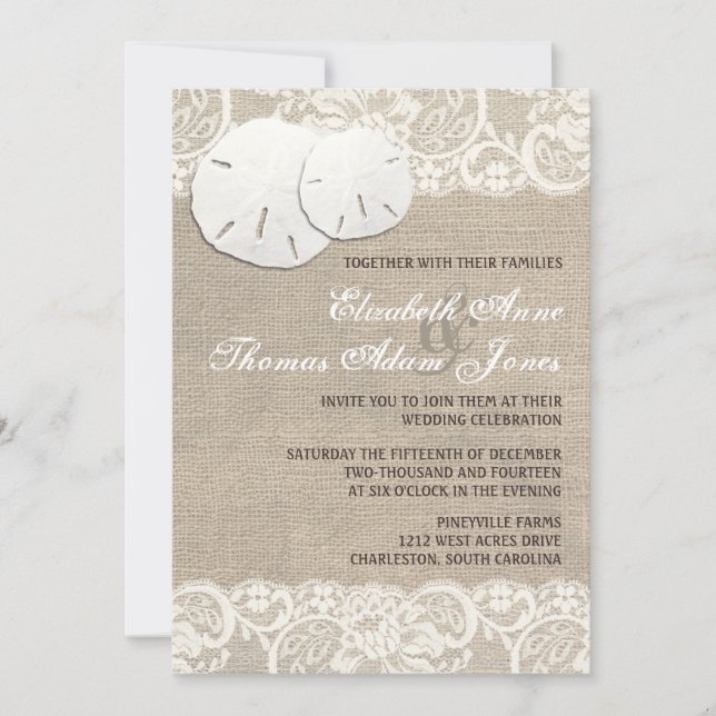 Beach Rustic Burlap Lace Wedding Invitation (Front)