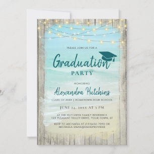 Beach Rustic Wood String Lights Graduation Party Invitation