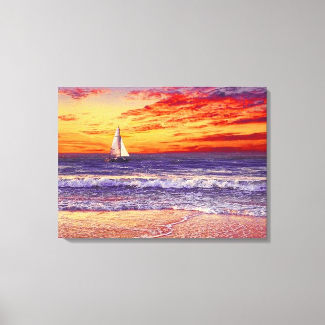 BEACH SAILBOAT SUNSET STRETCHED CANVAS ART PRINT (Front)