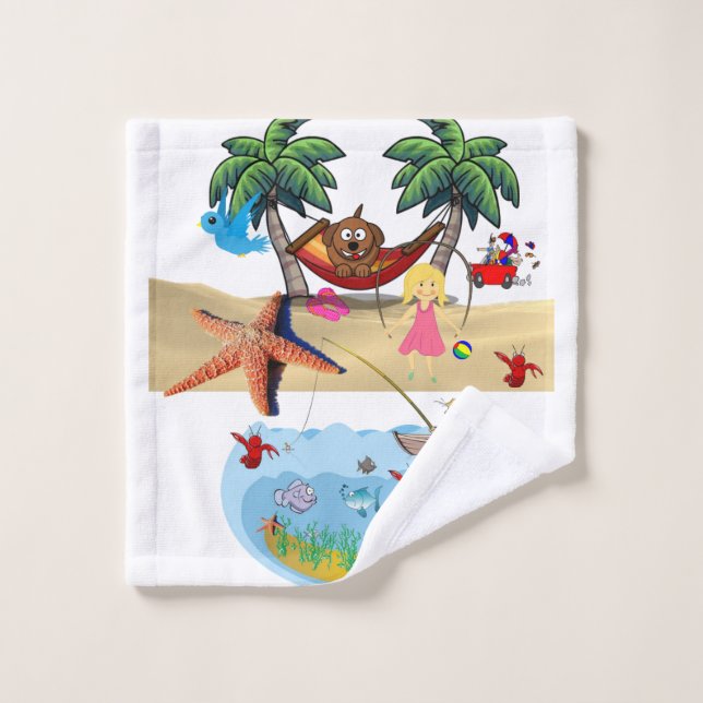 Beach Sand Dog Trees Fish Bathroom Towel Sets (Wash Cloth)