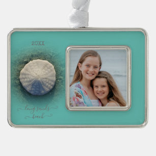 Beach Sand Dollar Aqua Photo Silver Plated Framed Ornament