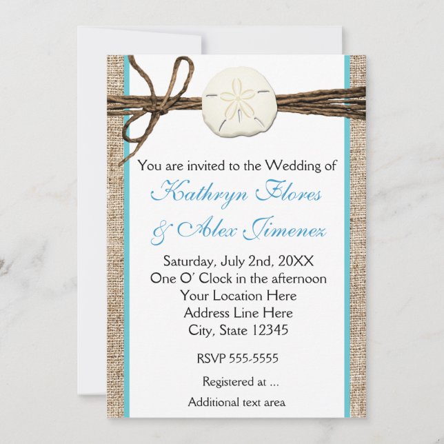 Beach Sand Dollar Burlap Turquoise Invitation (Front)