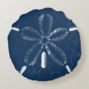 Beach Sand Dollar Navy Blue White Round Cushion