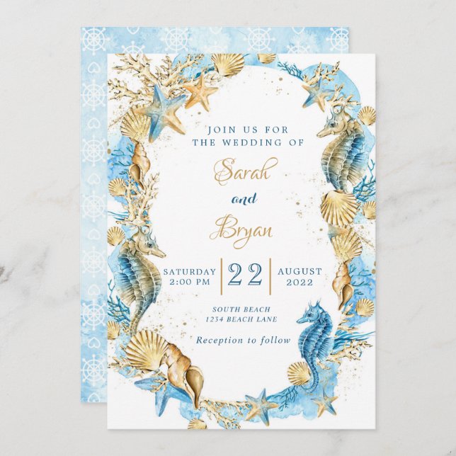 Beach Sand Elegant Teal Gold Wedding Invitation (Front/Back)