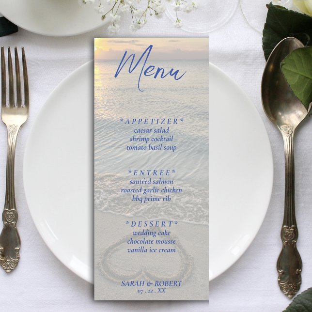 Beach Sand Heart Wedding Reception Menu (Blue Text Beach Sand Heart Wedding Reception Menu)