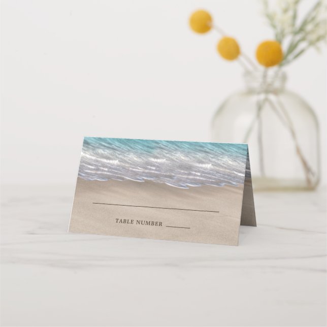 Beach Sand Hearts Elegant Tropical Modern Wedding Place Card (Front)