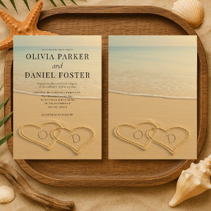 Beach Sand Hearts Monogram Tropical Wedding Invitation