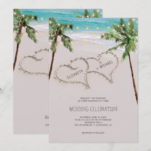 Beach Sand Hearts Tropical Palm   Modern Wedding Invitation