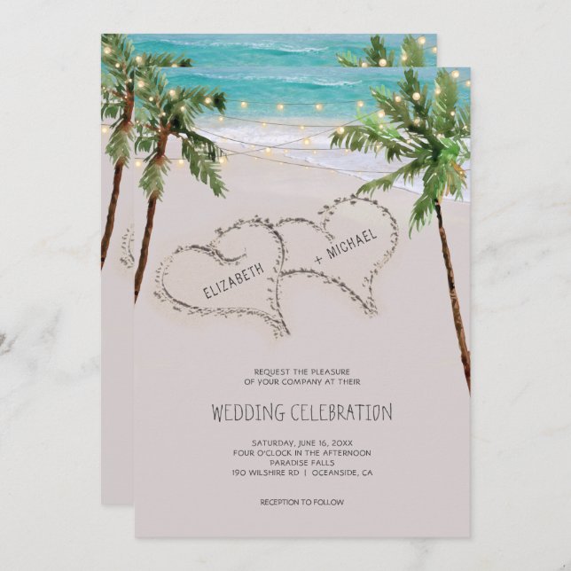 Beach Sand Hearts Tropical Palm | Modern Wedding Invitation (Front/Back)