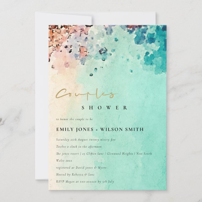 BEACH SAND ROCK WATERCOLOR COUPLE SHOWER INVITE (Front)