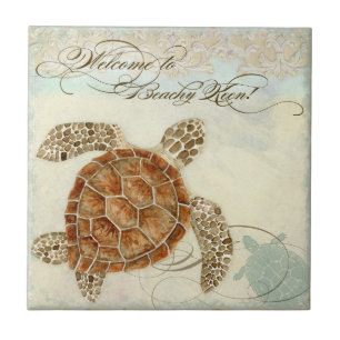 Beach Sand Seashore Collage Turtle Sea Horse Shell Tile