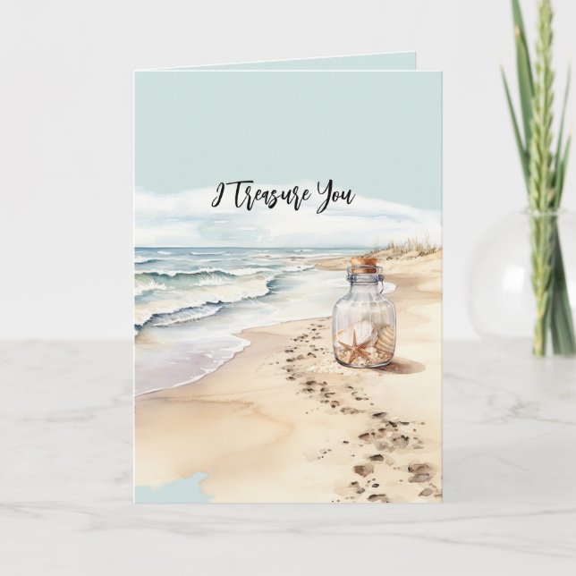 Beach Sand Starfish Bottle I Treasure You Card (Front)