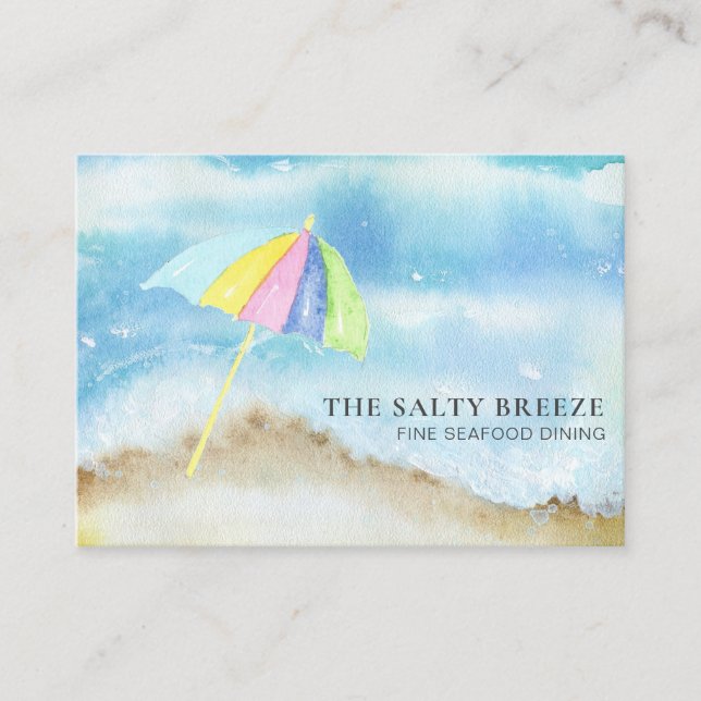 *~* Beach Sand Umbrella QR Watercolor Sea Ocean Business Card (Front)