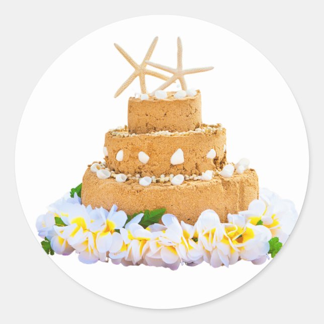 Beach Sand Wedding Cake with Flowers Classic Round Sticker (Front)