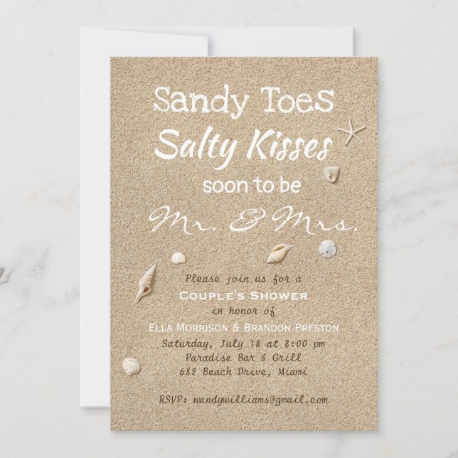 Beach Sand & White Typography Couple's Shower Invitation (Front)