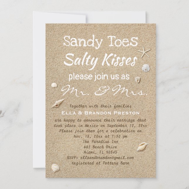 Beach Sand & White Typography Post Wedding Invitation (Front)