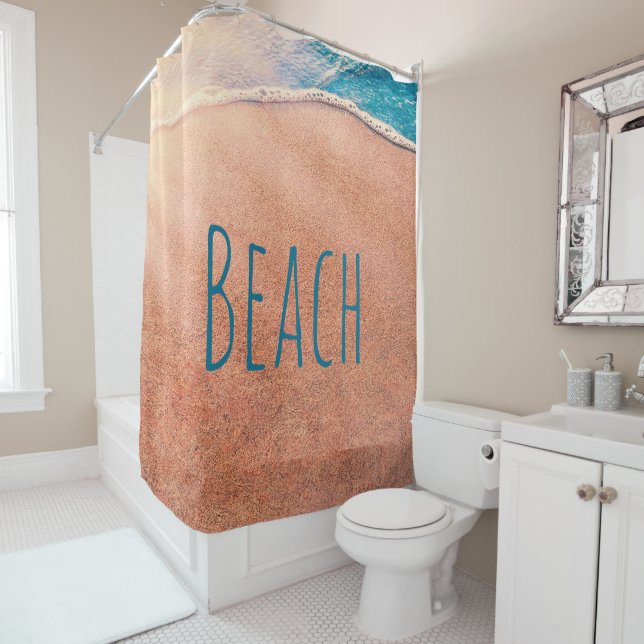 Beach Sandy Shoreline Blue Coastal Ocean Wave Shower Curtain (In Situ)