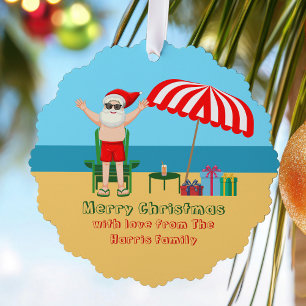 Beach Santa Claus Cute Custom Merry Christmas Tree Decoration Card