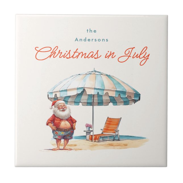 Beach Santa Watercolor Christmas in July Party BBQ Tile (Front)