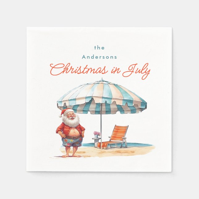 Beach Santa Watercolor Christmas July Pool Party Napkin (Front)