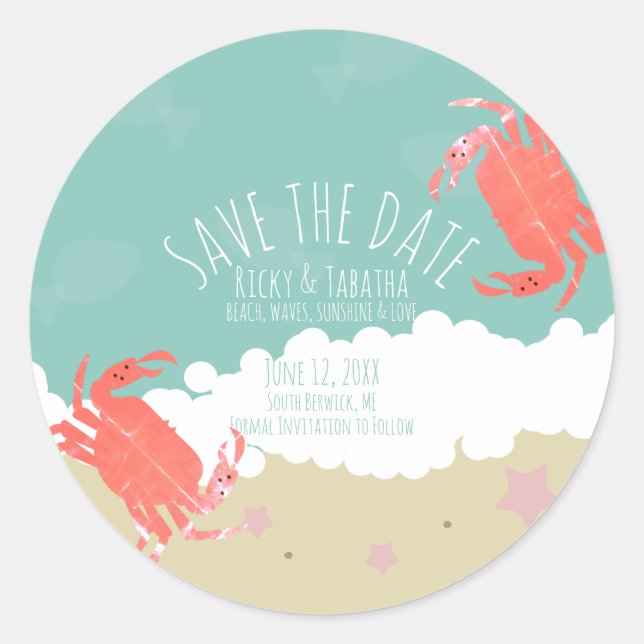 Beach Save the Date Crab Sand Ocean Waves   Classic Round Sticker (Front)