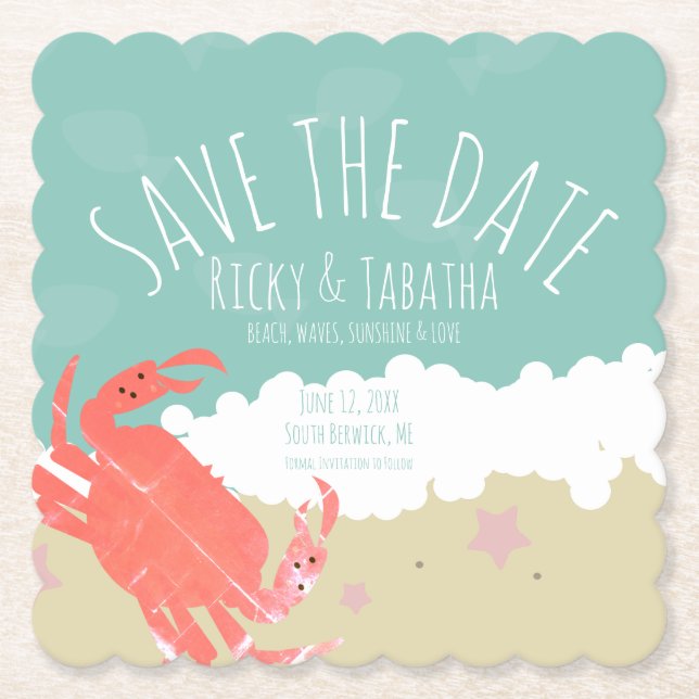 Beach Save the Date Crab Sand Ocean Waves Paper Coaster (Front)