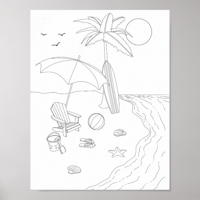 Beach Scene Adult Colouring Poster (Front)