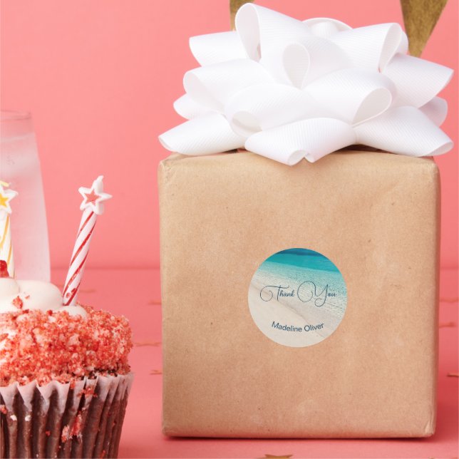 Beach Scene Blue Sand Modern Thank You  Classic Round Sticker (Party)