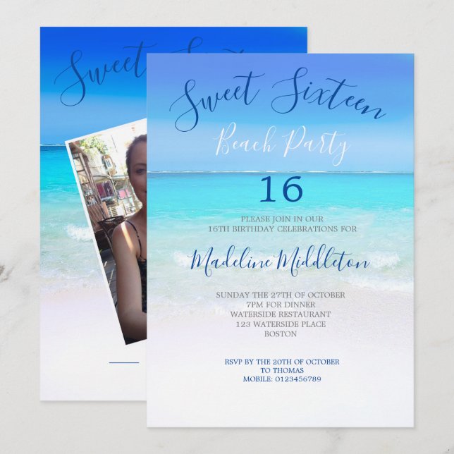 Beach Scene  Blue Sweet Sixteen Photo Birthday Invitation (Front/Back)