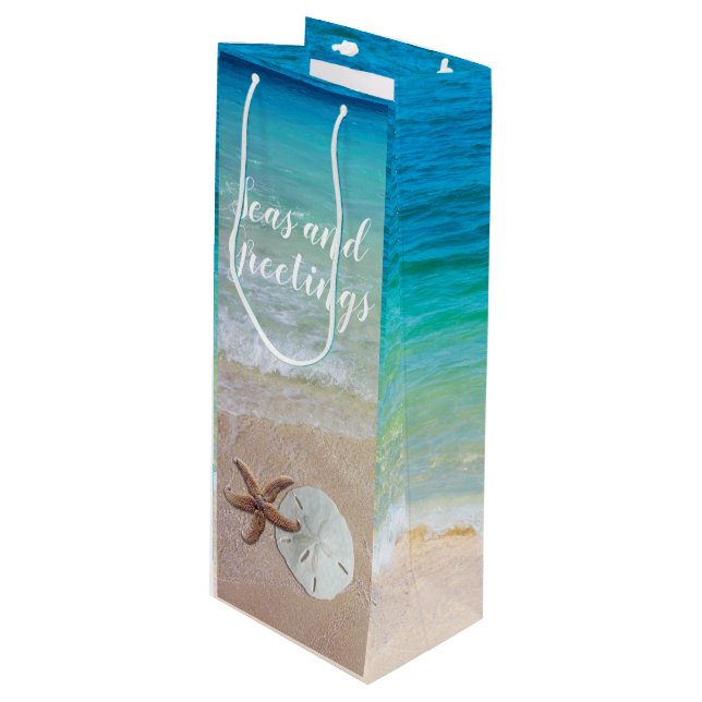 Beach Scene Christmas Seas n Greetings Wine Gift Bag (Front Angled)
