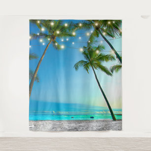 Beach Scene Coconut Palm Trees String Lights Tapestry