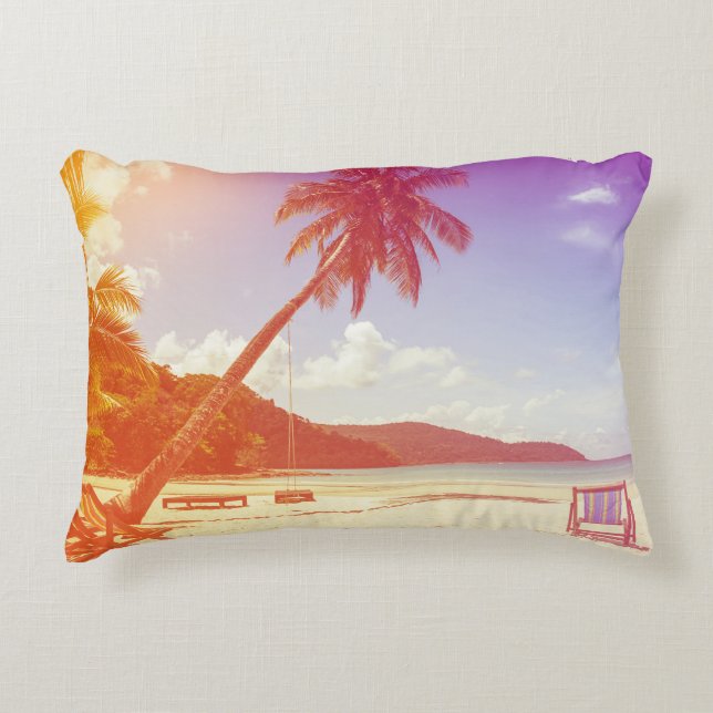 Beach scene, coconut tree, wooden bed. decorative cushion (Front)