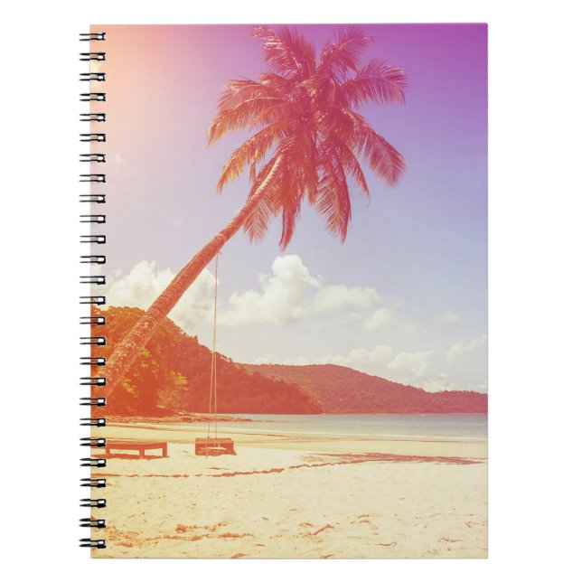 Beach scene, coconut tree, wooden bed. notebook (Front)