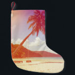 Beach scene, coconut tree, wooden bed. small christmas stocking<br><div class="desc">beach background with coconut tree and beach wooden bed on sand with beautiful blue sea and cloudy sky, Image for summer fun party travel concept. Coconut trees, sandy dreams, blue sea's melody, summer's party unfolds. Summer's Party: Coconut Trees, Sandy Dreams, Sea's Melody. Ocean's endless blue, beach and palm trees beckon,...</div>