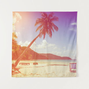 Beach scene, coconut tree, wooden bed. tapestry
