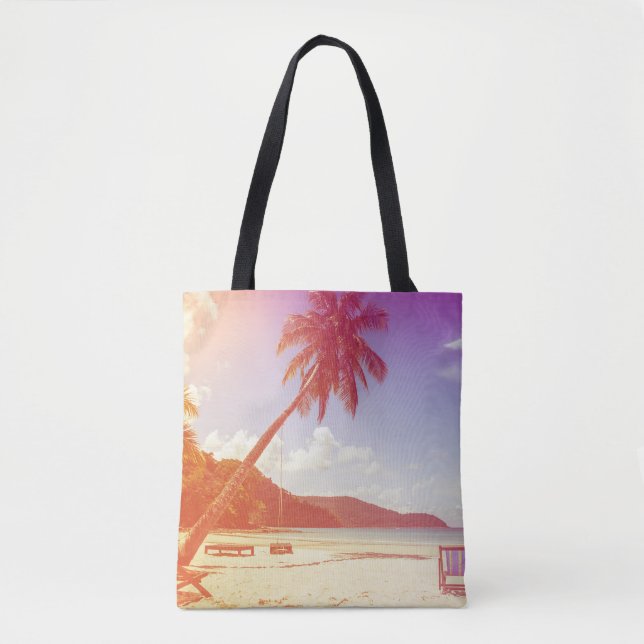 Beach scene, coconut tree, wooden bed. tote bag (Front)