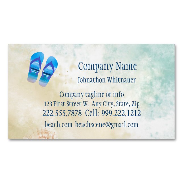 Beach Scene Flip Flop Fun Summer Vacation Art Magnetic Business Card (Front)
