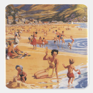Beach Scene Mother and Kids British Rail Square Sticker
