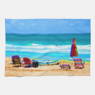 beach scene painterly chairs surfboards umbrellas tea towel