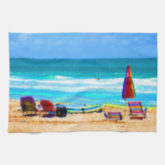 beach scene painterly chairs surfboards umbrellas tea towel