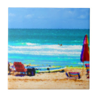 beach scene painterly chairs surfboards umbrellas tile