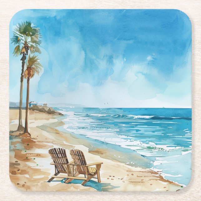 Beach Scene Square Paper Coaster (Front)