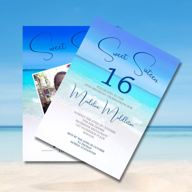 Beach Scene Sweet Sixteen  Blue Photo Birthday Invitation (Creator Uploaded)