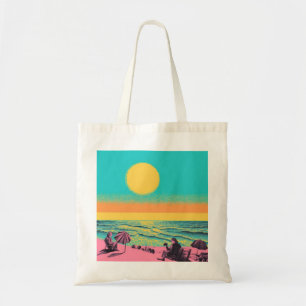 Beach scene tote bag, retro tote bag. bag