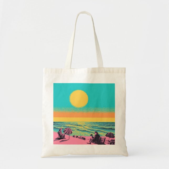 Beach scene tote bag, retro tote bag.  bag (Front)