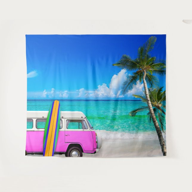 Beach Scene with Fuchsia Pink Van and Surfboard Tapestry (Front (Horizontal))
