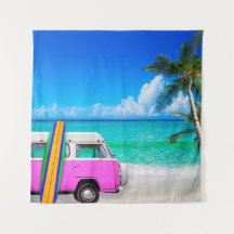 Beach Scene with Fuchsia Pink Van and Surfboard