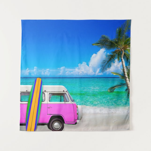 Beach Scene with Fuchsia Pink Van and Surfboard Tapestry (Front)