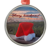 Beach scene with Santa hat and sunrise Ornament