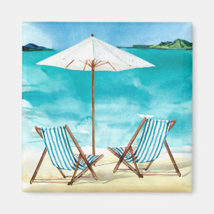 Beach Scene with two beach chairs and umbrella Magnet